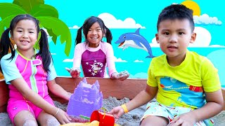 Emma and Jannie Fun Beach Day Pretend Play with Sand Toys + MORE