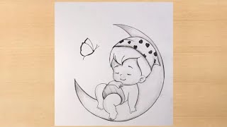 Cute Baby with butterfly sleeping scenery/baby drawings