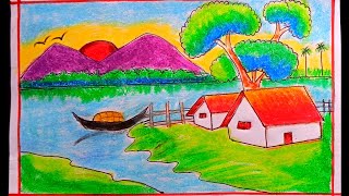 দৃশ্য আঁকা | Nature Drawing for Beginners Village Drawing | prakrutik drishya