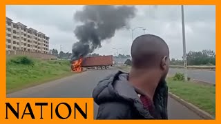Stone-throwing goons burn trailer heading to Uganda near Langata on Southern Bypass