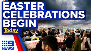 Easter celebrations and feasts kick off in the cold and wet weather | 9 News Australia