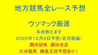 地方競馬（名古屋競馬）全レース予想！ウソマック厳選本命教えます。２０２０年１２月９日予想！園田競馬と大井競馬の重賞予想あり