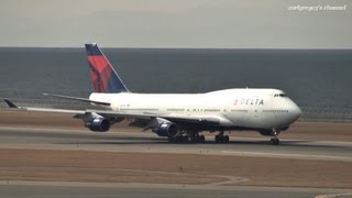 中部国際空港 Delta Airlines (DL) Boeing 747-400 N670US 着陸 2012.2.17