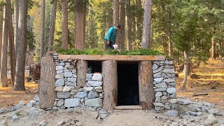 I Built a Stone & Wood Survival Bushcraft Shelter Deep in a Wild Forest