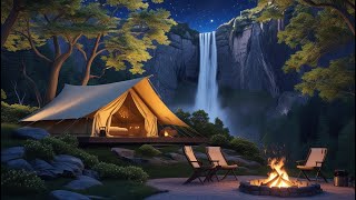 Relaxing music with a camping view and a fireplace that really cools the atmosphere