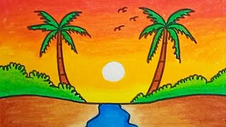 How To Draw Sunset Scenery With Oil Pastels |Drawing Sunset Scenery Easy For Beginners