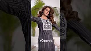 Samah Women Chikan Embroidery, Embellished, Dyed/Ombre Cotton Blend Straight Kurta  (Black, White)