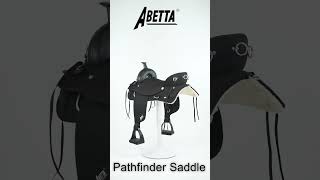 Abetta Pathfinder saddle on a revolving stand explaining all its features