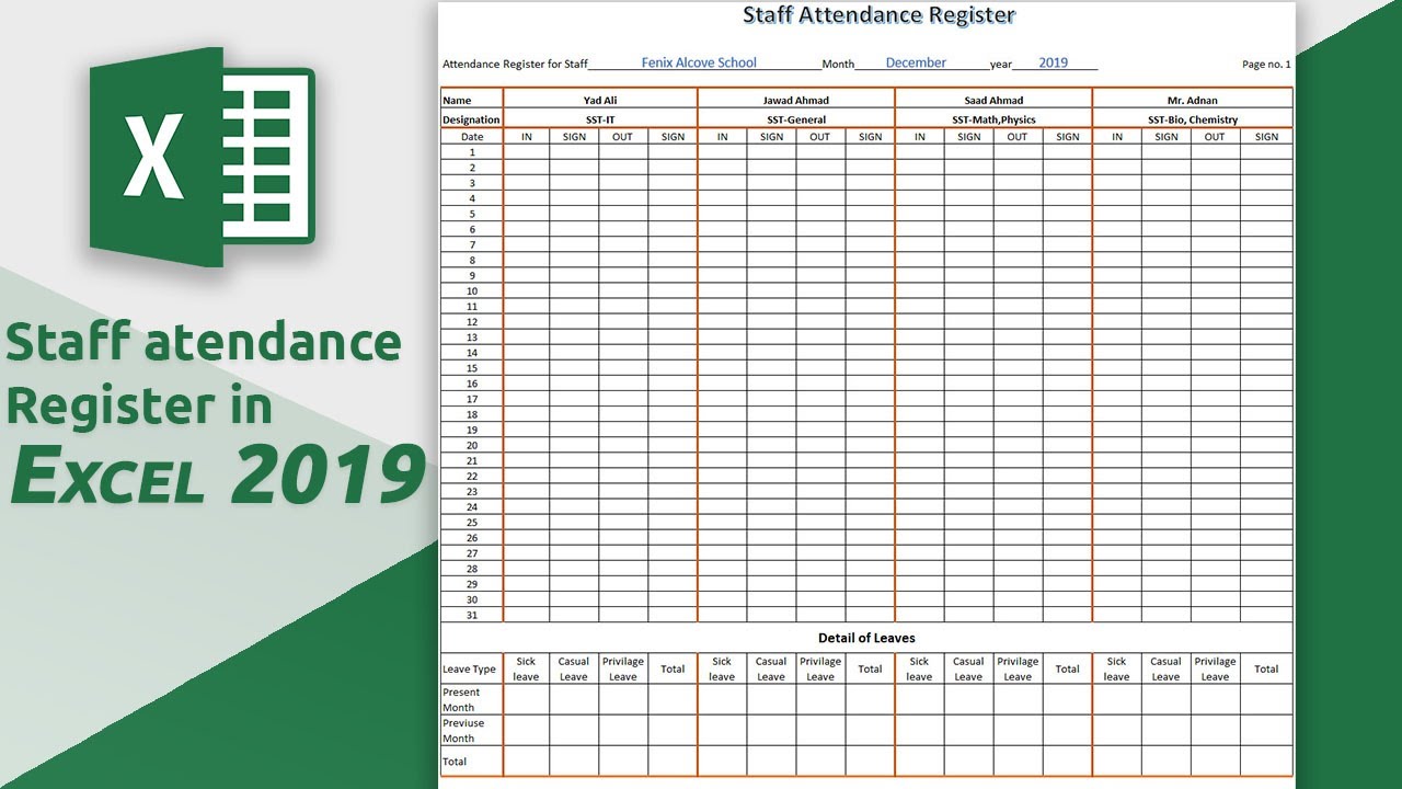 How To Create Staff Attendance Register | Sheet In Ms Excel 2019 - YouTube