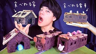 【おかしの家】チョコレートで作った食べれる電車と家を爆食いしたら鼻血爆出した.. 🩸