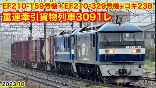 【JR貨物 EF210-159号機＋EF210-329号機+コキ23B 重連牽引貨物列車3091レ 2023.10】