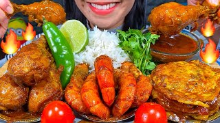 ASMR SPICY CHICKEN CURRY, SHRIMP CURRY, OMELETTE CURRY, RICE MASSIVE Eating Sounds