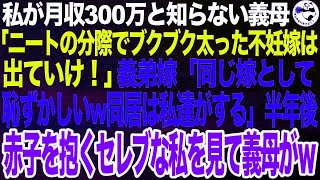 私の月収が300万と知らない義母「ニートで不妊でブクブク太ったみっともない嫁は出てけ」義弟嫁「同じ嫁として恥ずかしいわw私達が同居するから」私「はい…」➡半年後、子供を抱く私を見て義母がｗ【スカ