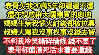 表哥欠我20萬5年卻遲遲不還，還在親戚群大曬剛買的奧迪，媽媽生病我惱火討錢卻被拉黑，叔嬸大罵我沒事找事沒錢去貸，不料我冷笑撕碎借條 錢不要了 真情故事會|老年故事|情感需求|養老|家庭