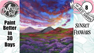 Purple Flowers Mountain Sunset 🌺🌸🌼 Easy Acrylic Tutorial Step by Step Day 8   #AcrylicApril2022