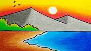 How To Draw Scenery Nature Mountain Sunset And Beach Beautiful And Easy Step By Step