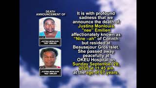 Justina Monlouis -nee” Emilien ~ Short Obituary