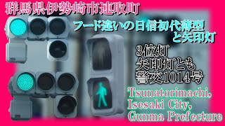 【信号機撮影#615】群馬県伊勢崎市連取町 フード違いの日信初代薄型と矢印灯