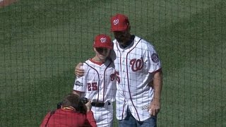 LAD@WSH Gm2: Adam and Drake LaRoche throw first pitch