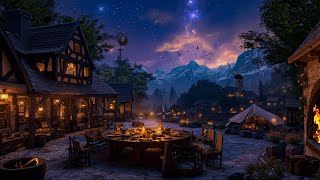 Medieval Tavern Ambience | Relaxing Medieval Village Night Sounds • Crickets \u0026 Crackling Fire