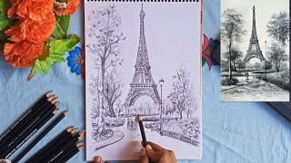 how to draw Eiffel tower scene with pencil sketch/ sketching video/learn to draw