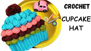 Cupcake Hat with Bobbles and Pompom. How to Crochet Fun Beanie.  Free Tutorial