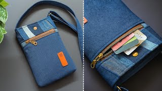 DIY Small Denim Crossbody Bag With Patchwork Accent Out of Old Jeans | Bag Tutorial | Upcycle Craft