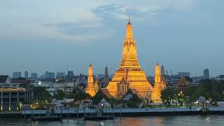 Bangkok Wat Arun, 暁の寺　チャオプラヤー川　Deck 屋上から リバークルーズ　音楽付　日没直後　マハナコーンスカイウォーク見える