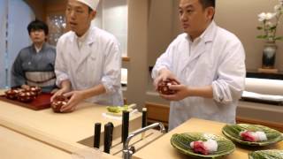 Kaiseki plating at the Michelin star restaurant Ginza Kojyu in Tokyo