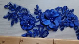 3D embroidered appliqué: with flowers and pearls, cobalt blue