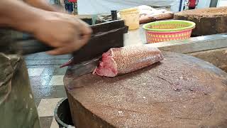 लाल स्नैपर मछली, சிவப்பு ஸ்னாப்பர் Read snapper fish cutting in Georgetown Penang Malaysia 🇲🇾