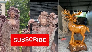 Wood Carving Art - Chainsaw Carved Deer and female sculpture