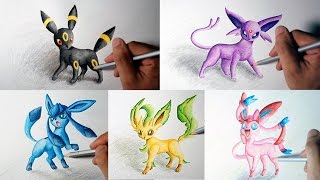 Eevee Evolution Drawing (Umbreon, Espeon, Sylveon, Leafeon, Glaceon) (Shin Art)