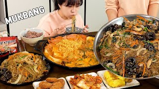 Cooking Mukbang :) Delicious Korean Japchae Dish, Mara Budae Jjigae.