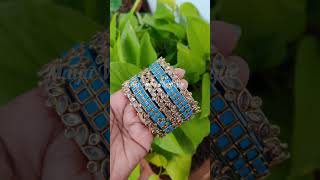 Sky blue kundan bangles with white stone work for silver zari saree | Maya Venba's Boutique