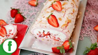 Strawberry meringue roll with whipped cream and mascarpone