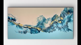 Beach Inspired Shades of Blue, Beige and Gold Abstract Fluid Art Acrylic Pour Painting/ Dutch Pour