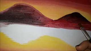 Mountain with palm tree sunset beach (watercolour painting)