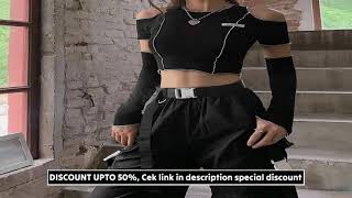 Patchwork Black T-shirts Gothic One Shoulder Sleeve Y2k Crop Tops Ruffles Hem Hip Hop Tech