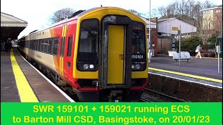 SWR 159101 + 159021, running ECS from Basingstoke for Barton Mill CSD on 20/01/23