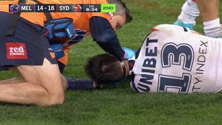 Victor Radley gets knocked out against Melbourne Storm