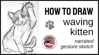 How to Draw Playful Kitten Sitting Waving Paw with Toe Beans, cute adorable face full body side view
