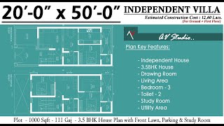 20x50 Ghar ka Naksha | 1000 Sqft House Plan | 111 Gaj ka Makan | 3BHK with Study Room \u0026 Parking |