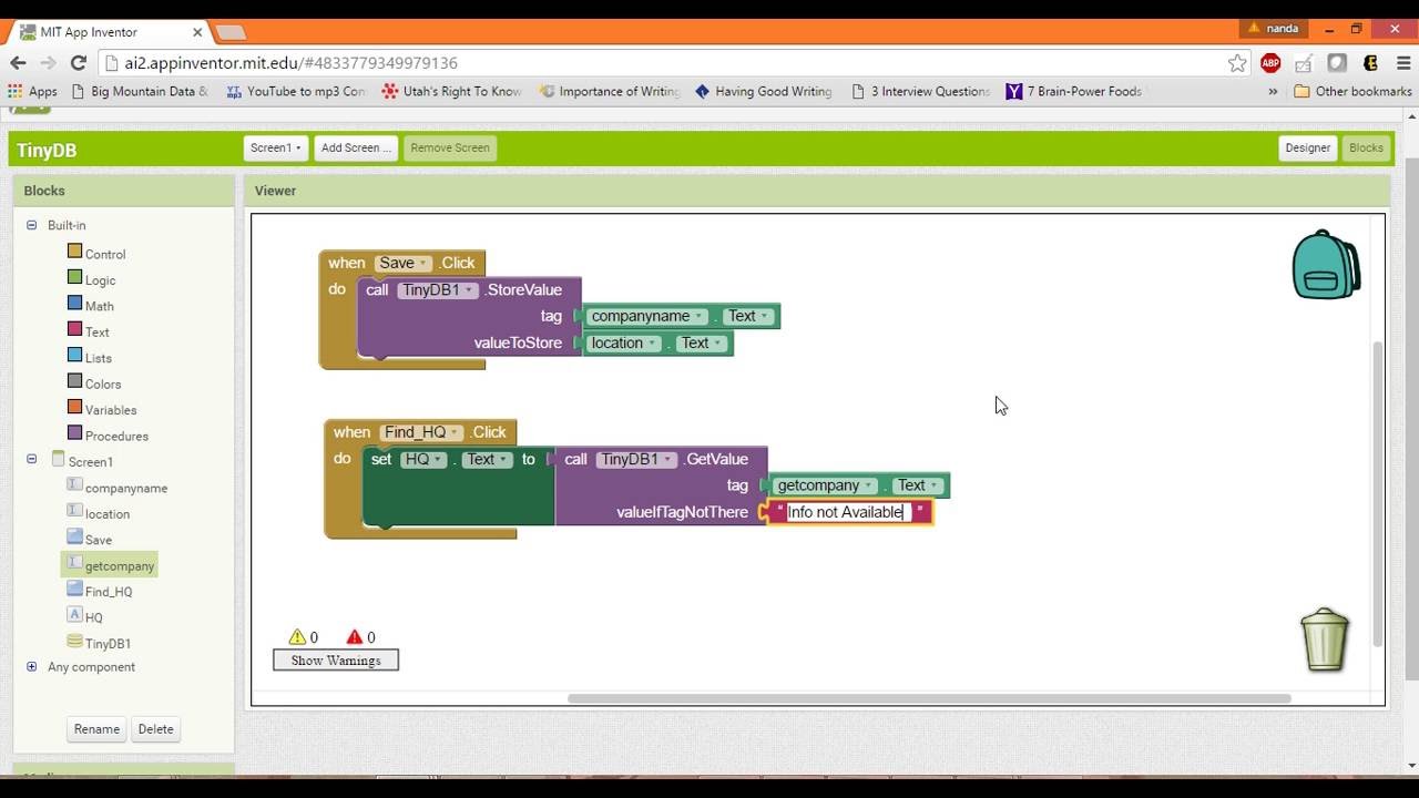 TinyDB In MIT App Inventor 2 - YouTube