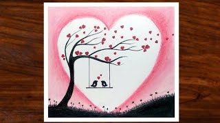 Simple Drawing of Love Birds Scenery | Valentines Day Special Drawing | Oil Pastel Drawing