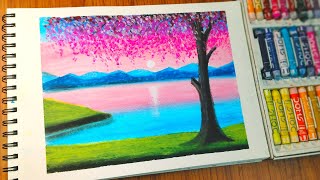 Oil Pastel Spring Scenery Painting for beginners | Oil Pastel Drawing Cherry Blossom