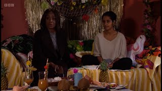 Eastenders suki tells Denise that Nish booked a joint funeral and how Ravi was so brave scene