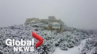 Snow blankets Athens Acropolis as rare storm hits Greek capital