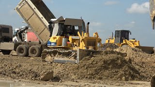 Great Sound Komatsu D41PX , D58P , Shantui DH13 Dozer Pushing Dirt \u0026 Truck Dumping Dirt in Action