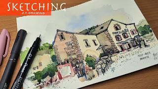 Drawing A Charming French Village with Easy Watercolor \u0026 Various Pens